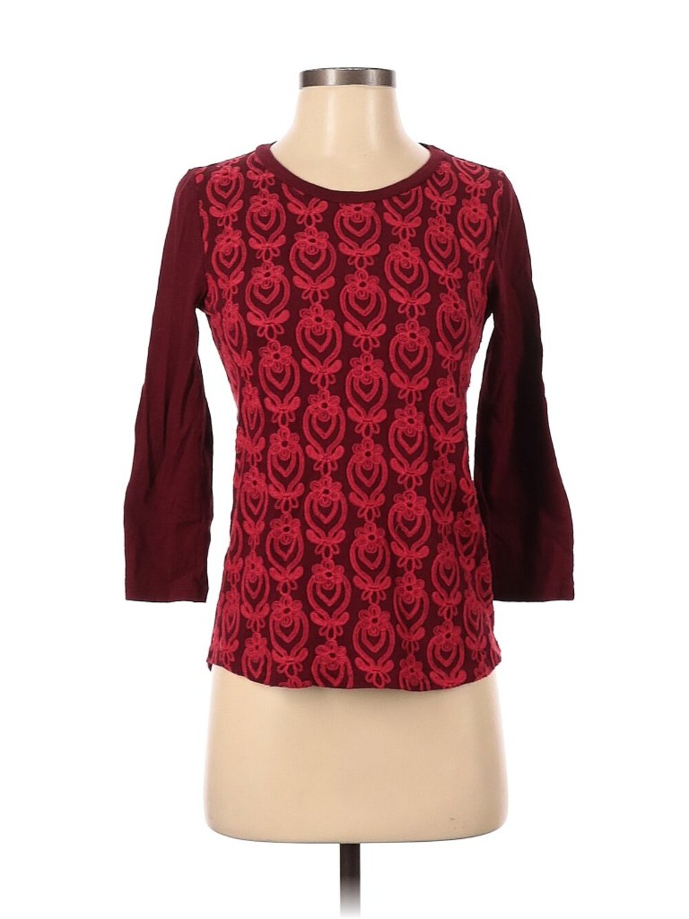 J Crew Burgundy with Embroidery  3/4 sleeve t-shirt
